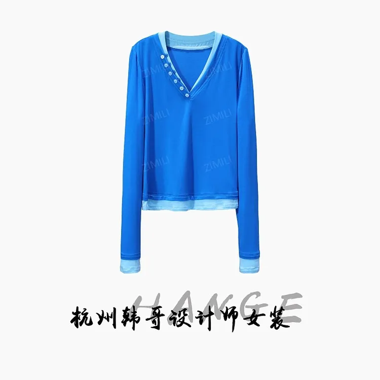【韩哥女装】秋季欧版鸢尾蓝撞色拼接设计时尚V领重工长袖衫7985