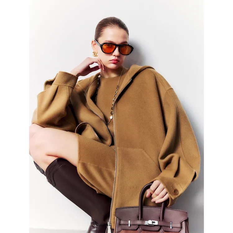 玖着“高阶套”甄选100绵羊毛手工双面呢帽兜拉链外套无袖连衣裙