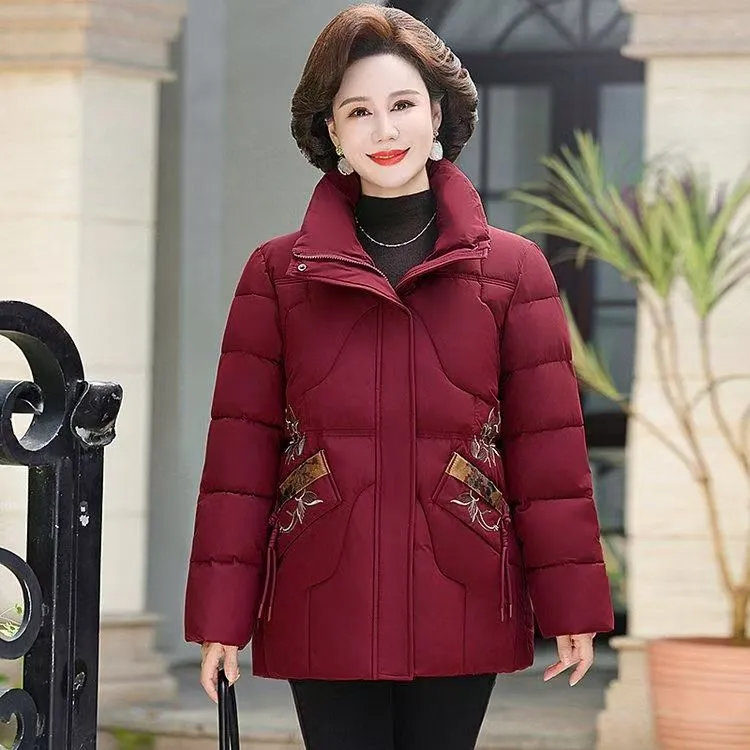 绣花棉服女中老年洋气宽松大码棉衣立领防风保暖小棉袄妈妈冬外套