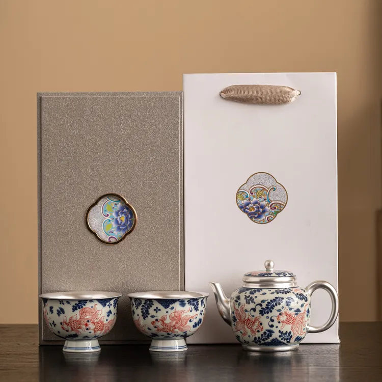 鎏银茶壶套装家用会客陶瓷中式泡茶杯纯银999三才盖碗礼盒伴手礼