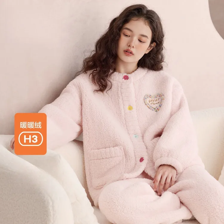 秋冬羊羔绒甜美加厚睡衣女小香风保暖套装珊瑚绒桂花绒韩版家居服
