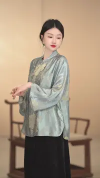 「蓝栀」新中式夏季复古春夏日常斜襟中国风古风蓝色长袖圆领宽松  