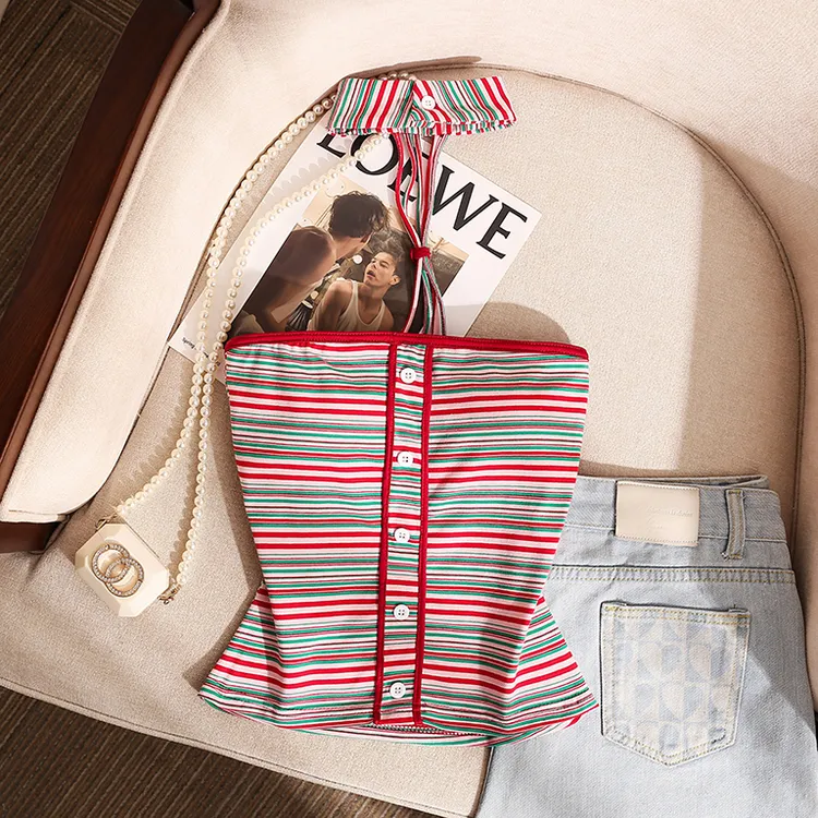 美式辣妹镂空挂脖吊带彩虹条纹设计感露锁骨性感抹胸排扣上衣女