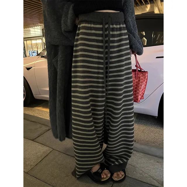 条纹休闲针织裤子女秋冬加厚高腰阔腿裤宽松慵懒松弛感显瘦拖地裤