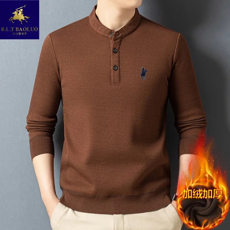 保罗新款长袖商务中年男士高档针织毛衣冬季加绒保暖六羊毛打底衫