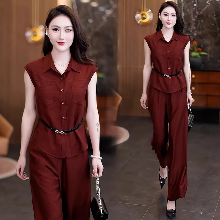 时尚套装女夏季新款洋气显瘦小个子无袖马甲衬衫上衣阔腿裤两件套