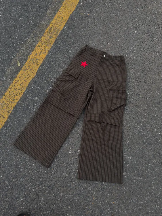 BUTTERFLYFISHES复古格纹伞兵裤工装裤男宽松休闲阔腿长裤K69721
