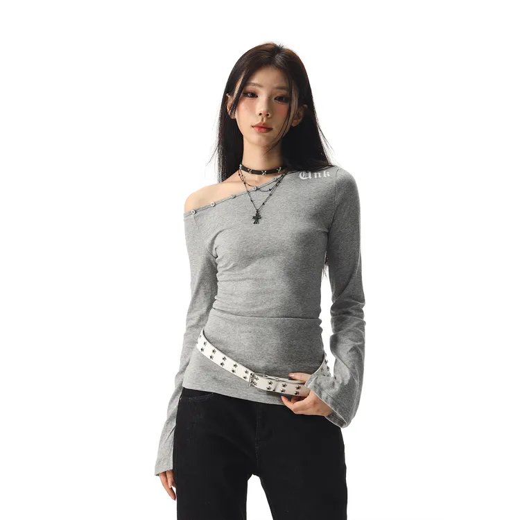 CTBCaptainBeer 秋冬美式辣妹斜肩长袖t恤女修身显瘦露肩打底上衣