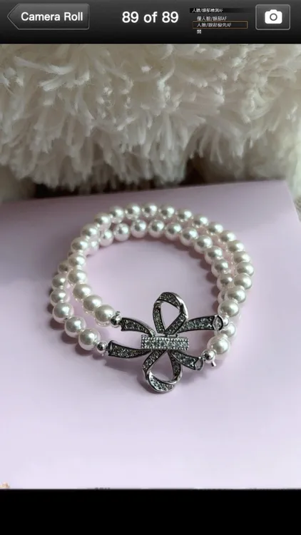非金属仿珍珠手链 银色蝴蝶结双层小众时尚款式气质百搭编织仙女