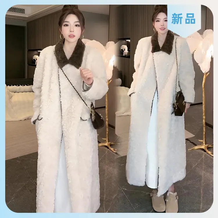 欧货撞色翻领加厚中长款外套女冬季新款高级感毛毛气质高级感大衣
