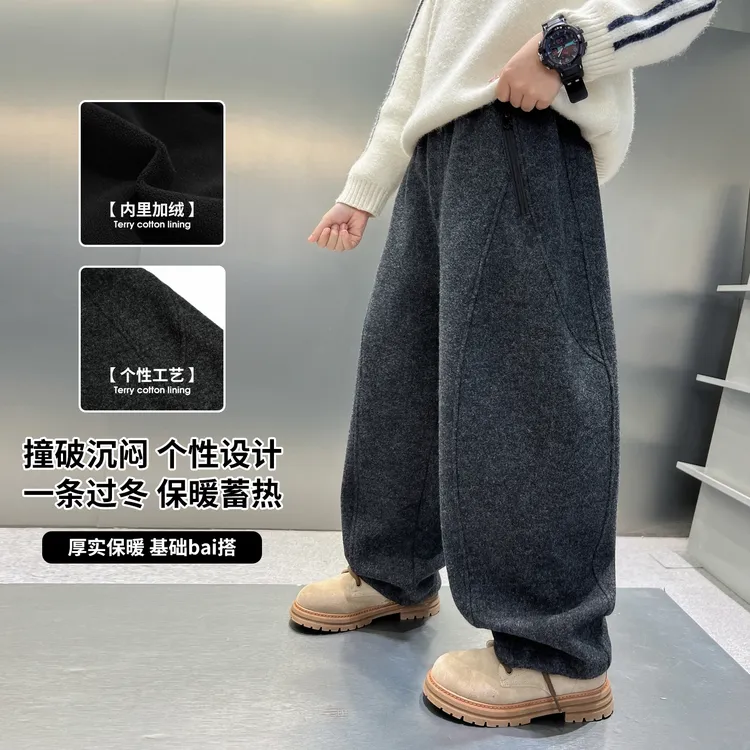 男童冬季加绒裤子加厚中大童帅气一体绒儿童弯刀裤洋气呢子休闲裤