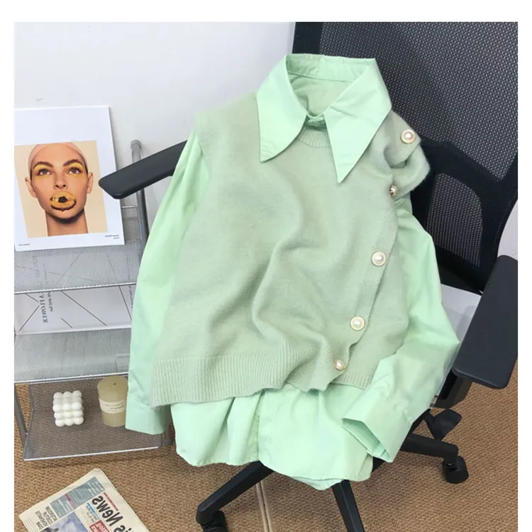 日系潮流ins糖果色休闲套装男女秋冬季高级感针织马甲衬衫两件套