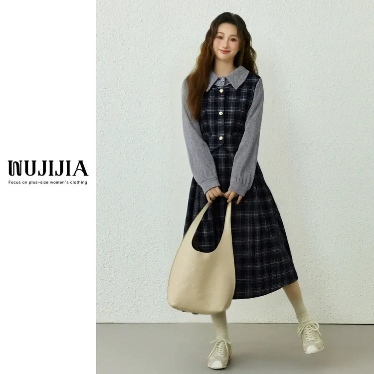 五季家大码秋冬假两件气质复古藏青拼灰色连衣裙ZL114217