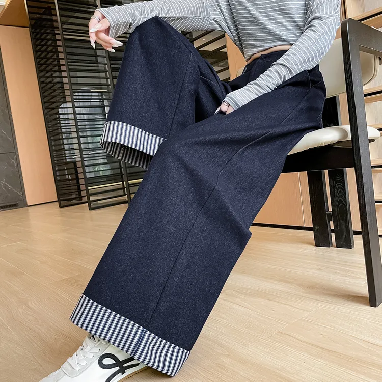丹宁蓝卷边竖条纹牛仔阔腿裤女早秋2025新款高腰宽松显瘦直筒裤