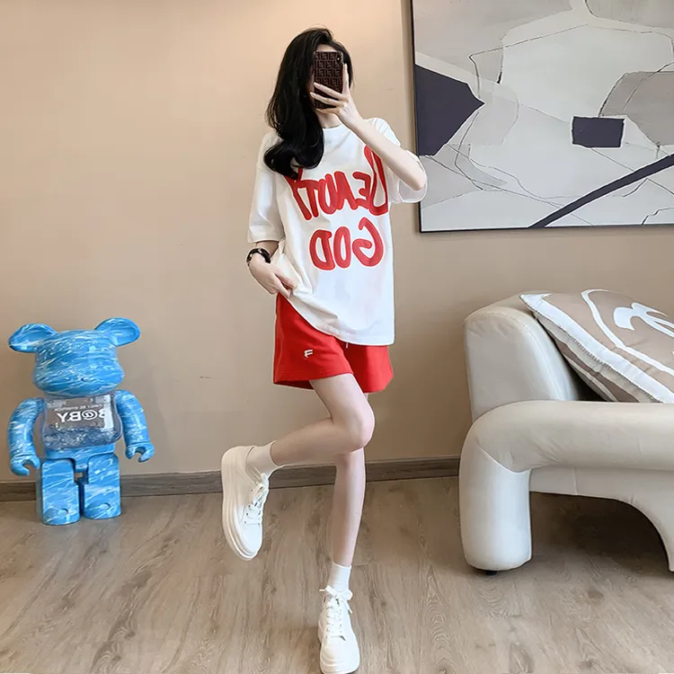 2025夏字母宽松T恤短裤显瘦百搭欧货时尚休闲运动套装两件套