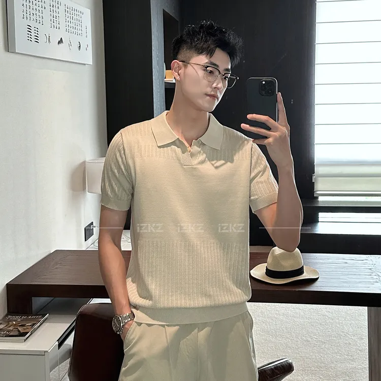 白泽IZKZ | 【老钱尊享】进口冰爽丝定制纱线镂空透气高级针织POLO