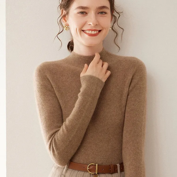 一线成衣无缝半高领羊绒衫女秋冬新款修身100纯山羊绒打底毛衣