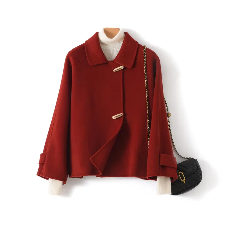 双面羊绒大衣女短款小个子2025秋冬新款高级感牛角扣羊毛呢子外套