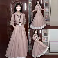 【现货+运补】粉色长袖衬衫连衣裙女早秋季高级感气质收腰长裙0140