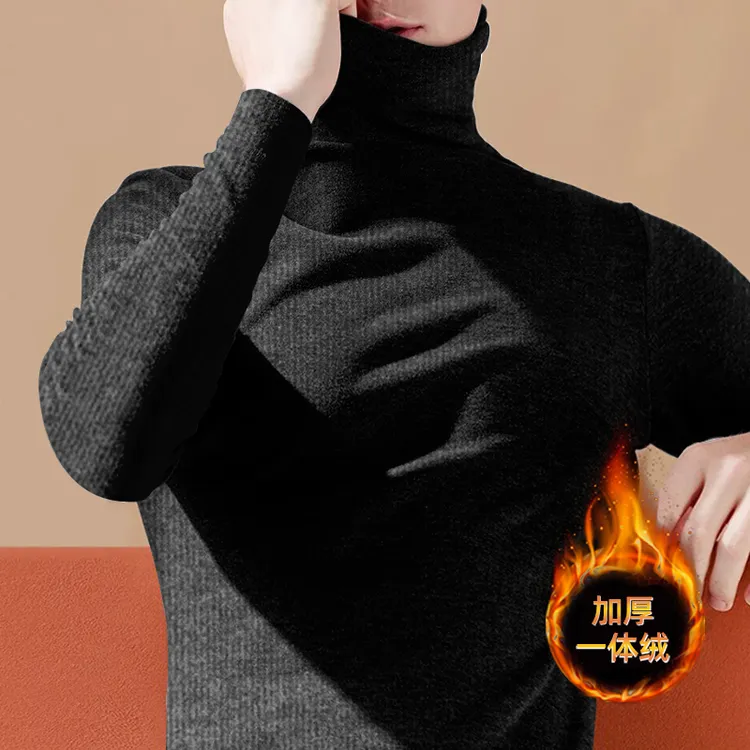 秋冬加绒加厚高领打底衫男修身保暖抗静电上衣服一体绒长袖毛T恤