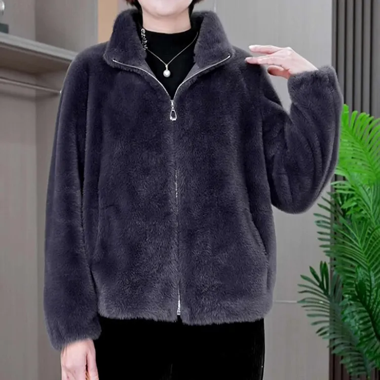 哥弟阿玛施正品冬季休闲纯色短款立领外套皮毛一体开衫时尚女款加