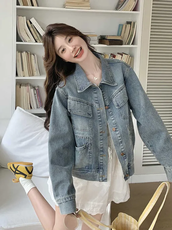 蓝色复古翻领牛仔外套女2025秋季新款百搭减龄宽松气质上衣夹克潮