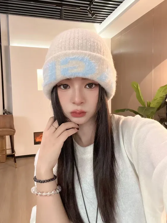 【毛绒字母】冬季女帽子韩系美拉德风针织冷帽网红加绒冷帽韩版