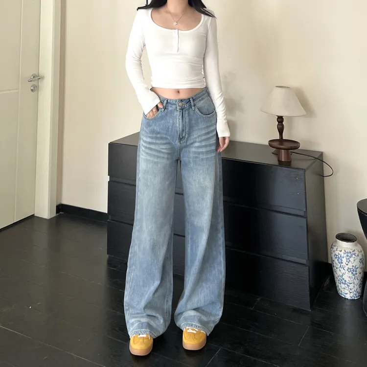 2025新款美式水洗浅蓝阔腿牛仔裤女垂感直筒宽松休闲裤复古薄款