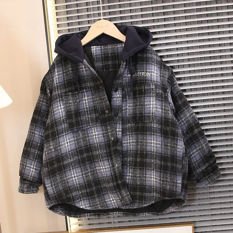 儿童棉衣2025新款男童冬装加厚夹棉外套中大童格子保暖棉服宽松潮