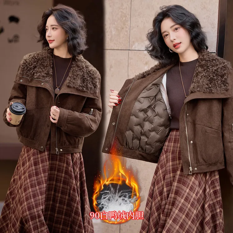 复古仿羊羔毛大翻领短款羽绒服女2025冬新款韩版洋气小个子派克服