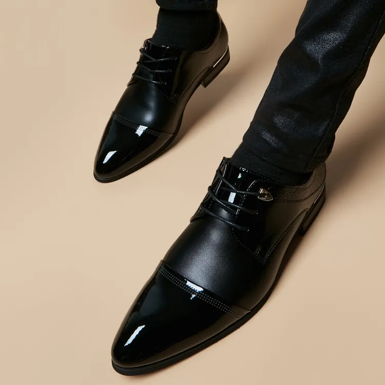 卡汐沐『精选』力荐！男鞋韩版潮流尖头新款系带商务正装黑色皮鞋潮