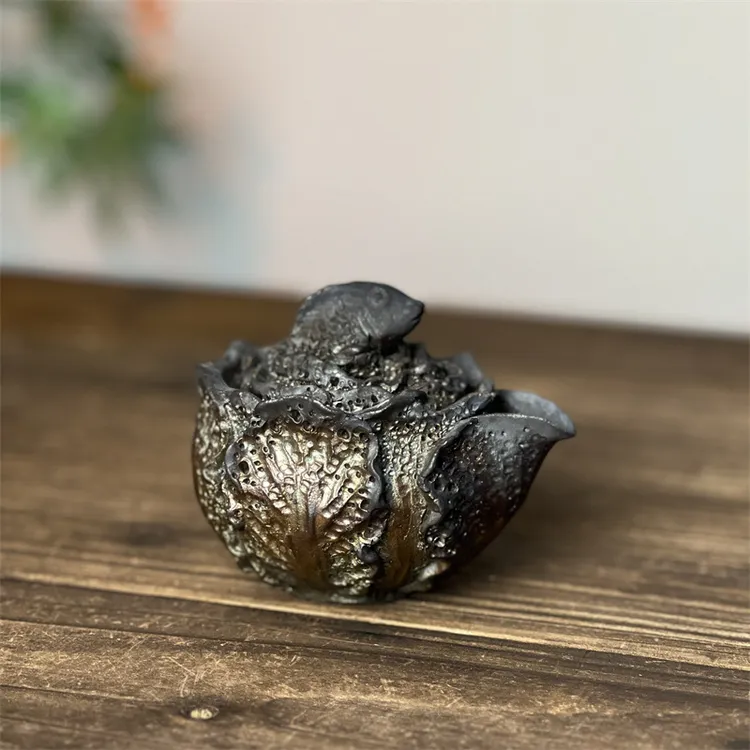 【茗器堂-刘荣富柴烧】百财年年有余（白菜锦鲤）瓶150号 150ml