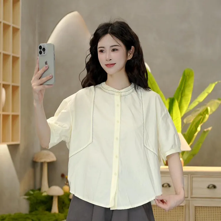 8913 夏季新款圆领明线拼接衬衫时尚百搭休闲短袖上衣