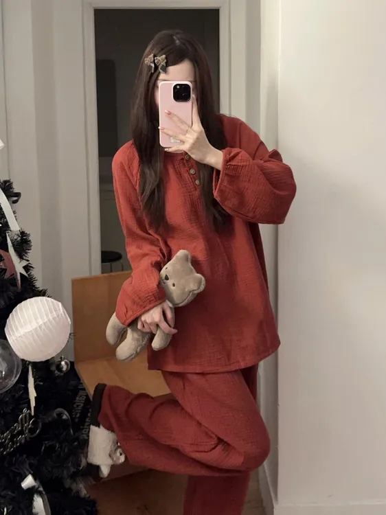 韩系简约纯棉纱布圆领长袖长裤春秋季睡衣女款外穿家居服套装新款