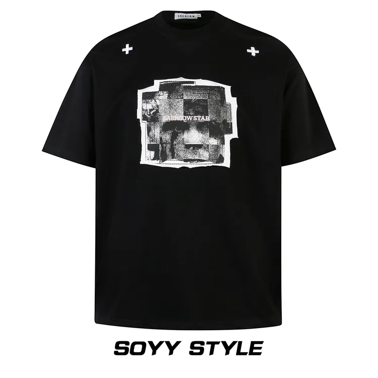 SOYY美式复古高街设计感短袖T恤男女贴布字母刺绣宽松oversize短t