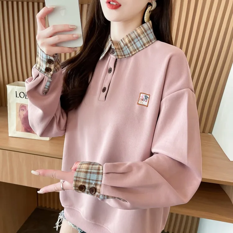 衬衫领卫衣女2025新款春秋韩版宽松薄款polo领学生假两件上衣外套