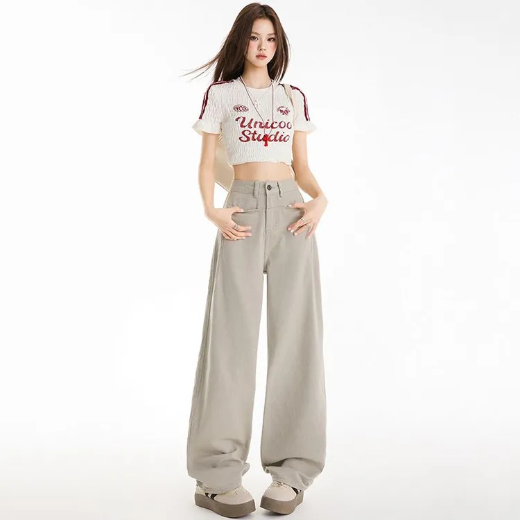 莫兰迪灰高腰阔腿牛仔裤女2025秋季新款宽松显瘦遮肉设计感弯刀裤