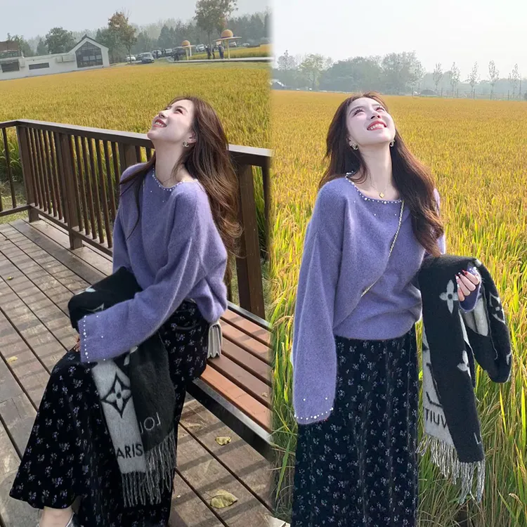 2025秋冬新款紫色毛衣搭配小碎花半身裙长裙法式优雅气质套装裙