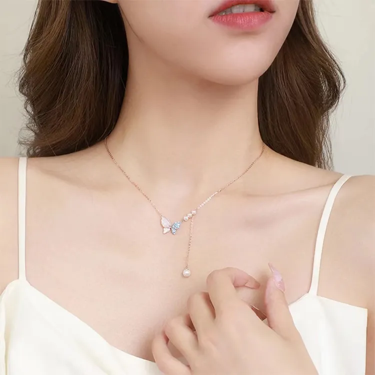 坠链均925银 纯银蝴蝶项链女款贝珠毛衣链送女友生日礼物