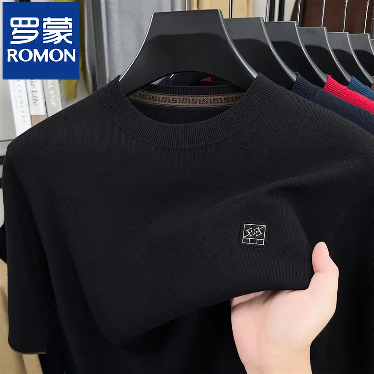 罗蒙秋冬季新品百搭男士打底衫毛衣半袖休闲男装圆领短袖针织衫潮