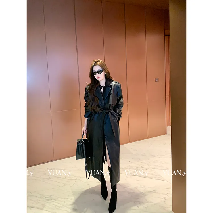 媛媛【职场冷艳女】秋冬气质高级感炸街长款皮衣外套女宽松#W1030
