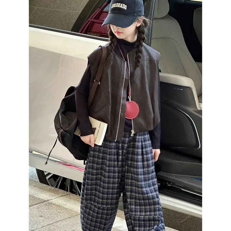 女童秋季皮衣马甲套装2025新款女大童时髦洋气儿童秋装休闲三件套