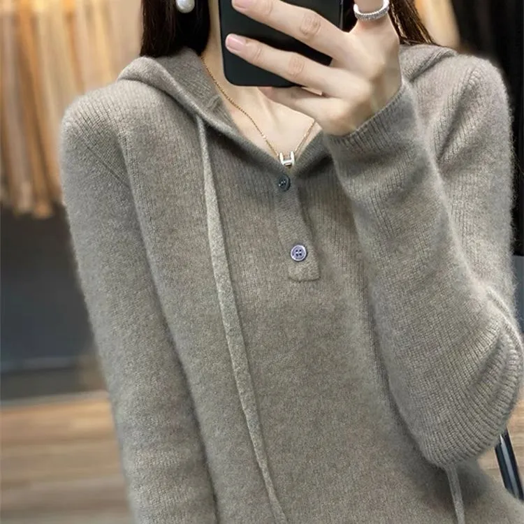 鄂尔多斯市纯100羊毛衫带帽加厚女内搭打底衫连帽毛衣秋冬针织衫