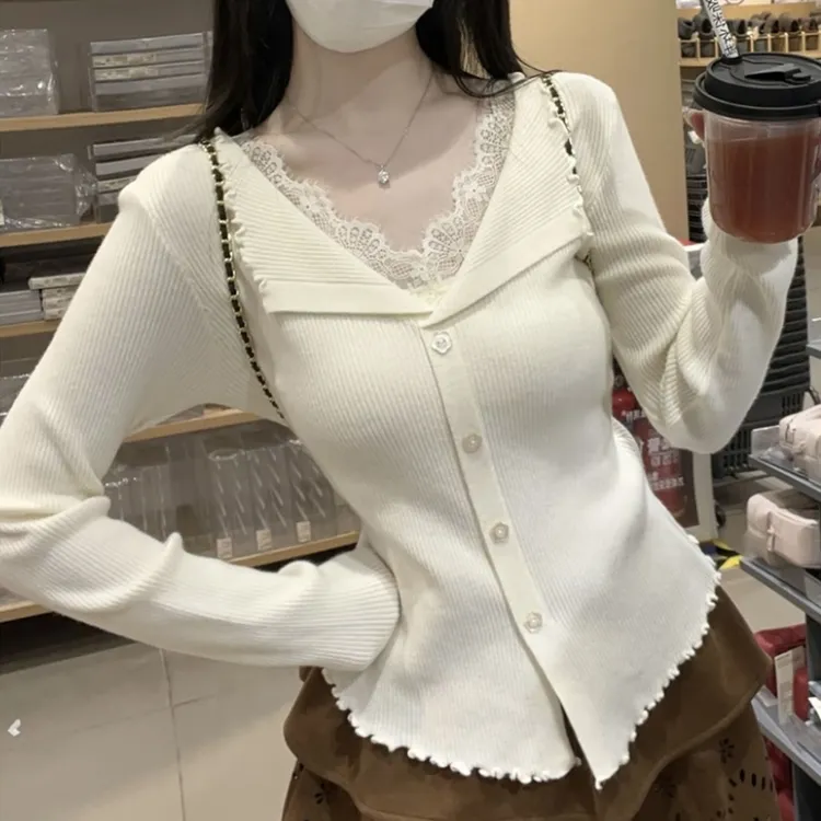 秋冬季新款法式V领蕾丝拼接翻领洋气长袖修身针织开衫女上衣#3060