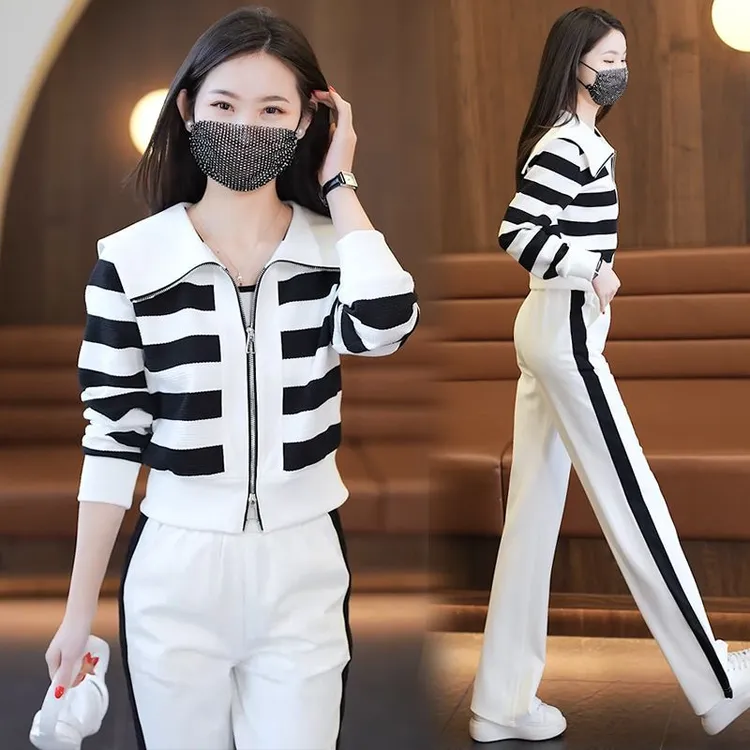 休闲套装女2025春秋季新款时尚百搭洋气运动服条纹显瘦气质两件套