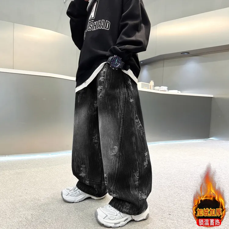 儿童装男童冬装加绒裤子2025新款中大童秋冬款加厚男孩冬季牛仔裤