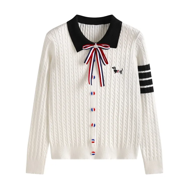 小狗刺绣polo领针织上衣2025秋冬新款设计感蝴蝶结系带学院风毛衣
