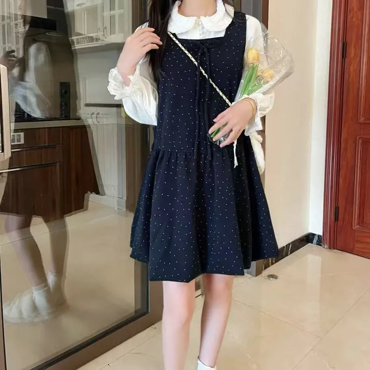 韩系甜美风加宽加大女装新款娃娃领衬衫波点连衣裙两件套840561