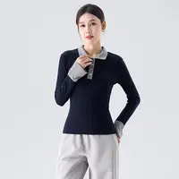 燕苹秋冬新款加绒保暖舒适撞色领收腰修身拼接喇叭袖打底ZQY25-87