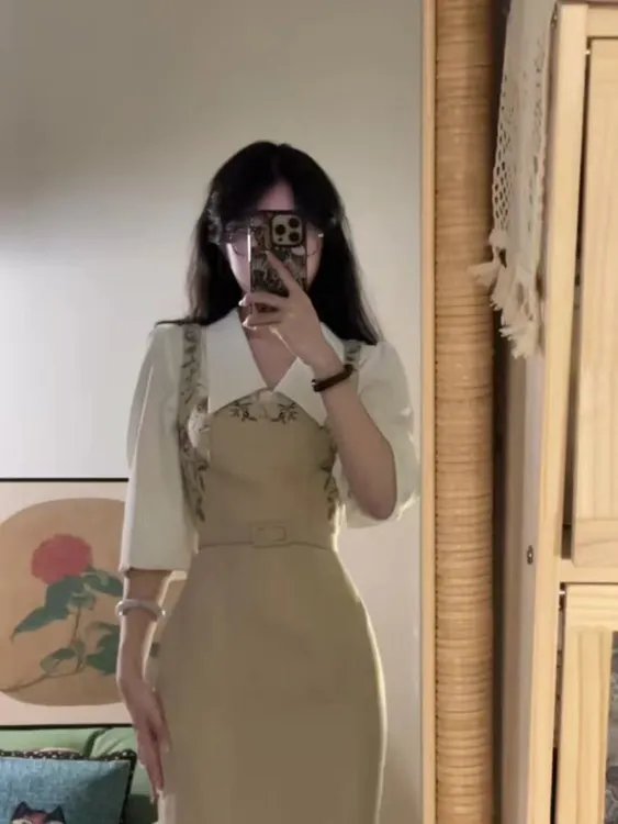 韩版慵懒休闲复古小众背带裙百搭显瘦长裙2026年新款衬衫套装